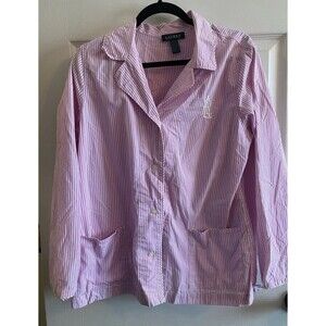 Lauren Ralph Lauren large Monogram Pink Striped Collared Button Top Sleepwear